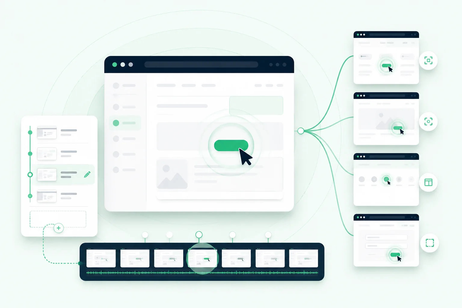 Illustration of a browser workflow becoming an edited recording and written steps